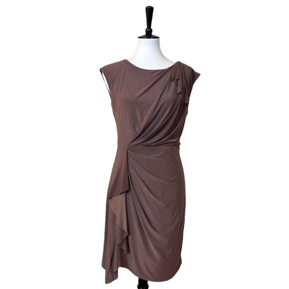 Max and Cleo Celine Taupe Shirred Cascade Wrap Skirt Sheath Dress Size Small - Picture 1 of 16